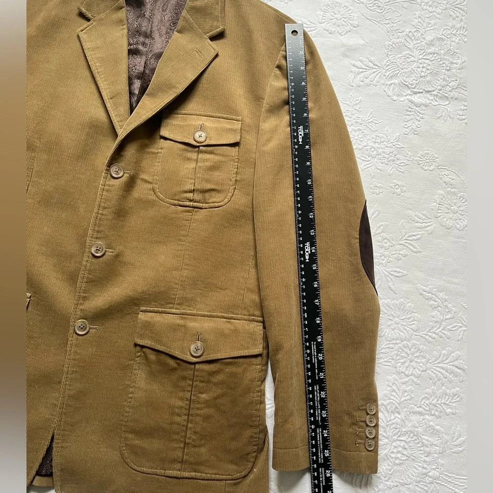 Tasso Elba Corduroy Safari Hunting Style Medium Jacket Cotton Khaki Elbow Patch